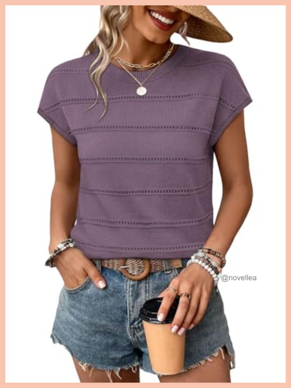 Lightweight Knit Pullover Sweater Cap Sleeve Hollow Out